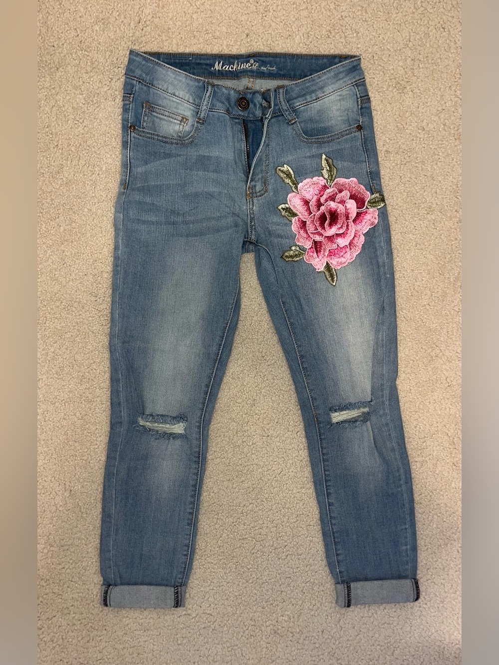 ✨ Machine Jeans Medium Wash Distressed Pink Rose🌹Embroidered Skinny Jeans Y2K